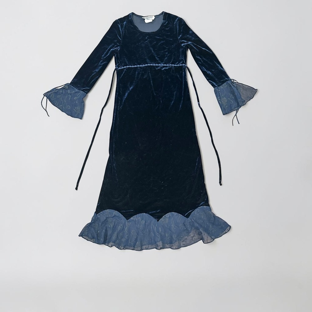 Vintage 90s Mall Goth Velvet Dress Girls 10 Whimsigoth Sheer Bell Sleeve navy